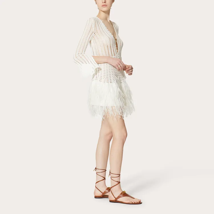 Valentino Crochet Knit Feathered Mini Dress 'White'-3