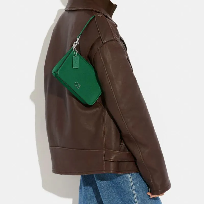 COACH Pouch Cross Grain Leather With Canvas Clutch Handbag, Shoulder Bag Women's Green-5