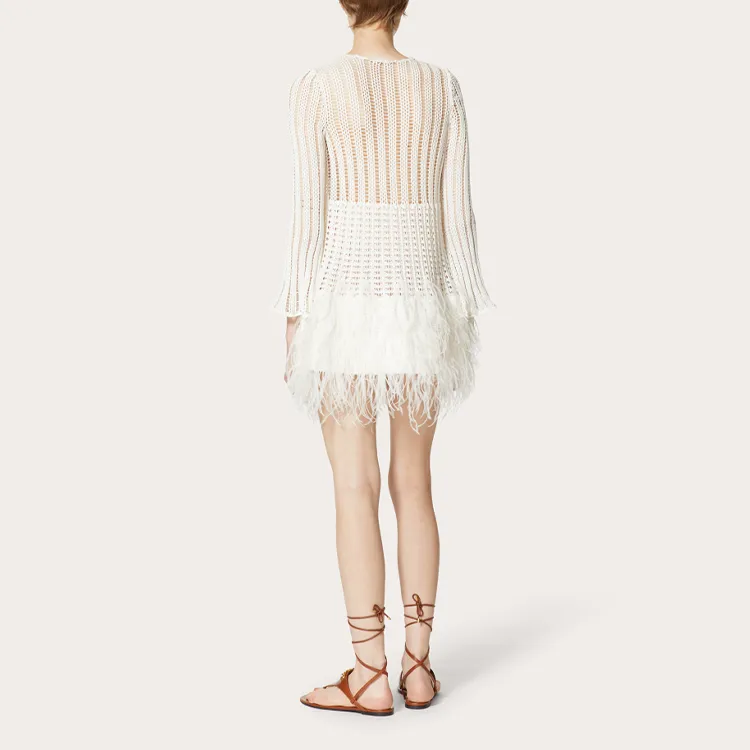 Valentino Crochet Knit Feathered Mini Dress 'White'-1