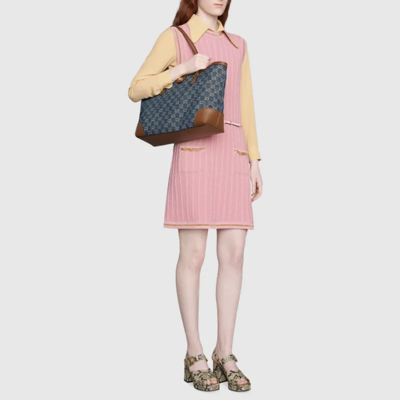 GUCCI Ophidia Denim With Leather Tote Bag, Shopping Bag, Shoulder Bag, Handbag Medium Size Women's Gray Blue/Brown-8