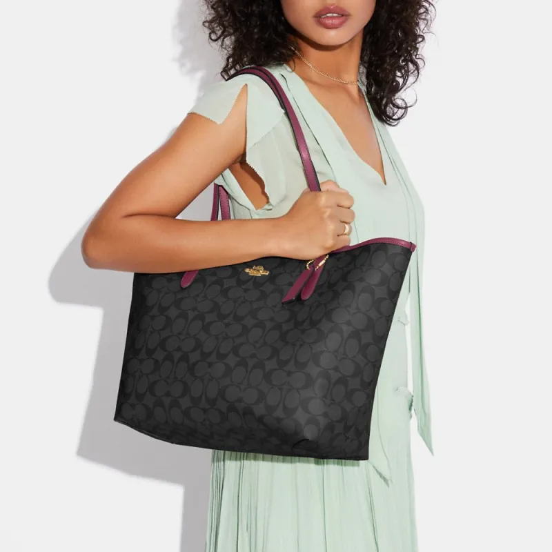 COACH City Coated Canvas With Leather Tote Bag, Shopping Bag, Shoulder Bag, Handbag Tubas Women's Black-4