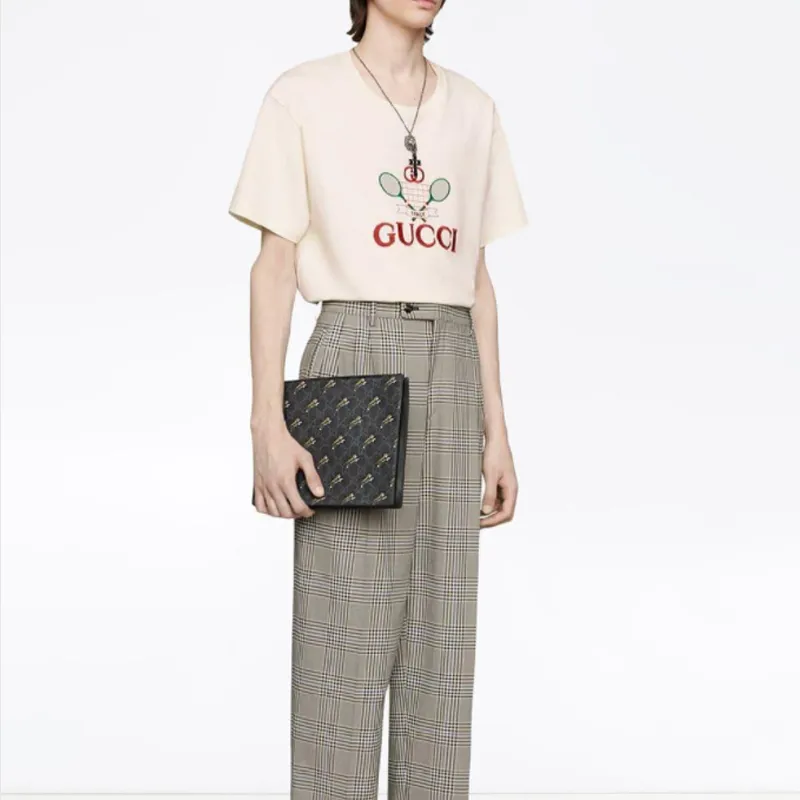 GUCCI Supreme Canvas With Leather Trim Clutch Men's Black Gray Color-5