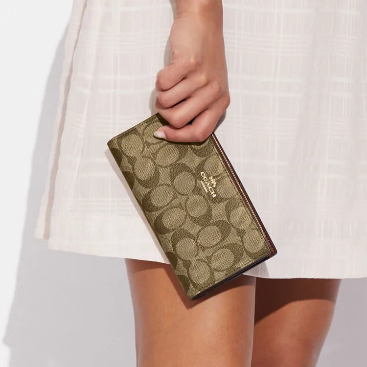 COACH Double Zip Wallet Coated Canvas With Leather Multiple Card Slots Snap Closure Clutch Wallet Unisex Khaki-5