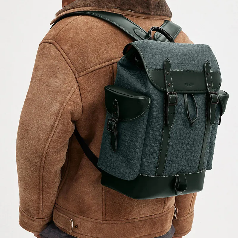 COACH Hitch Jacquard With Refined Calfskin Backpack Tubas Men's Green-4