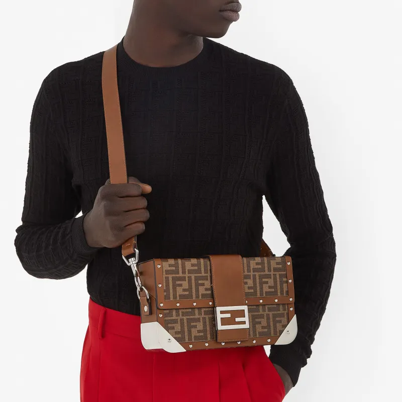 FENDI Baguette Fabric With Leather Baguette Bag Men's Brown-4