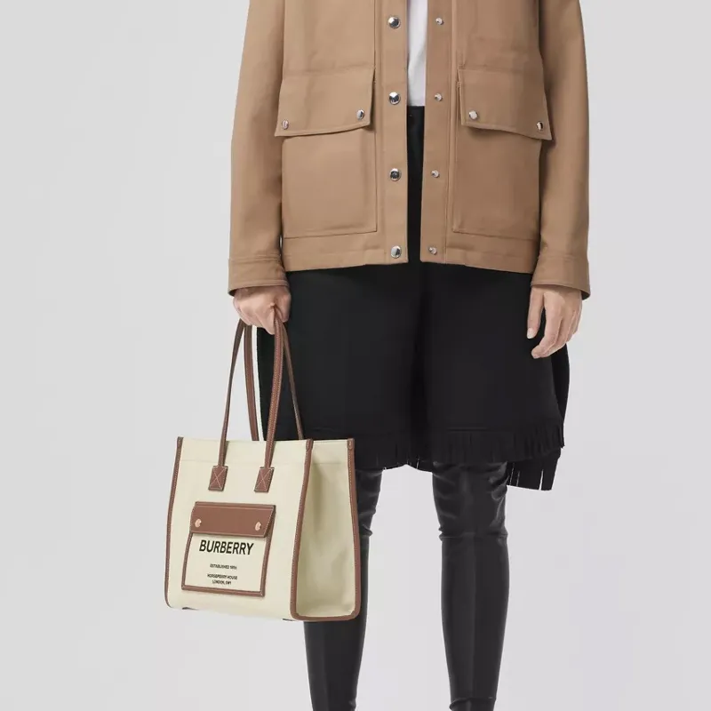 Burberry Freya Cotton With Calfskin Tote Bag, Shopping Bag, Handbag, Shoulder Bag Women's-5