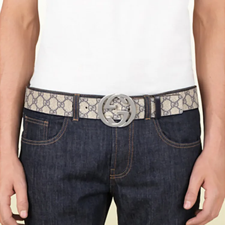 GUCCI Silver GG Buckle Belt Smooth Buckle Leather Belts Unisex Beige Blue Width: 4cm-3