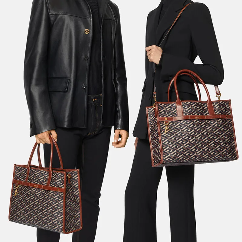 VERSACE Canvas Tote Bag Shopping Bag Handbag Unisex Brown-5