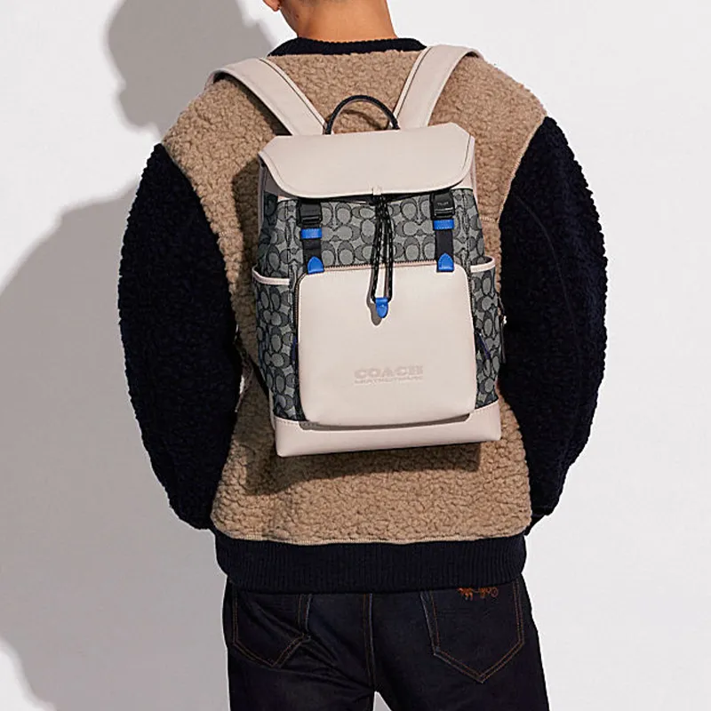 COACH League Canvas With Leather Travel Backpack Large Size Men's White/Gray Black-4