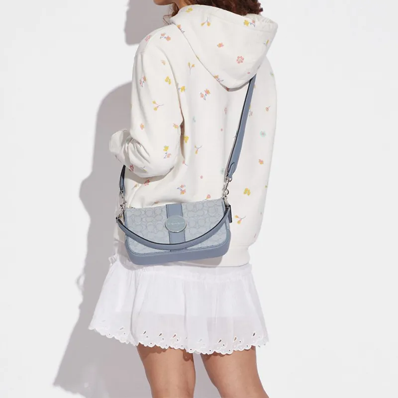 COACH Lonnie Fabric Cow Leather Patchwork Shoulder Bag Portable Crossbody Bag Shoulder Bag Women's Blue-3