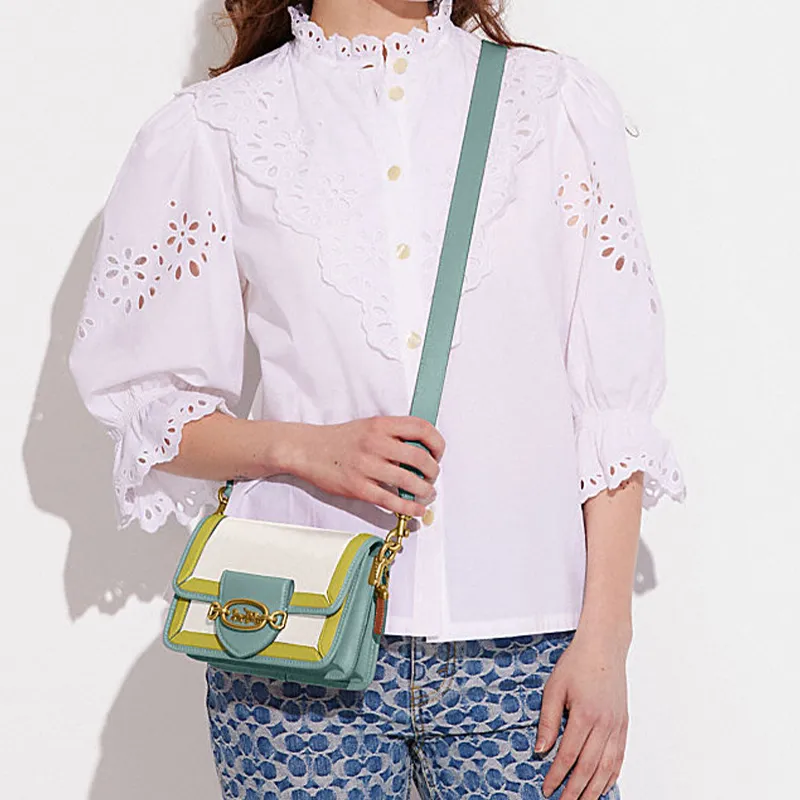 COACH Hero Cow Leather Small Square Bag Shoulder Bag, Crossbody Bag Women's White & Lake Aqua Green-3