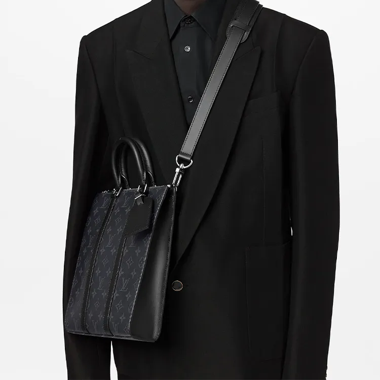 LOUIS VUITTON Sac Plat Coated Canvas Cow Leather Patchwork Trim Handbag Shoulder Bag Crossbody Bag Regular Men's Black-7