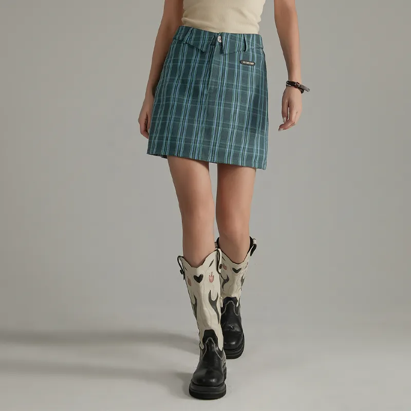 NO ONE ELSE Casual Short Skirts Women's Blue Plaid-5
