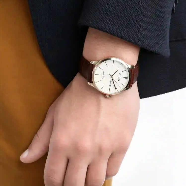 CITIZEN Automatic Mechanical Movement Genuine Leather Strap Watch Men's Watches White Dial-2