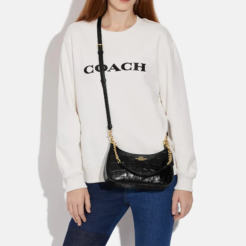 COACH Teri Crocodile Pattern Embossed Leather Shoulder Bag, Handbag, Shoulder Bag Women's Solid Color Black-3