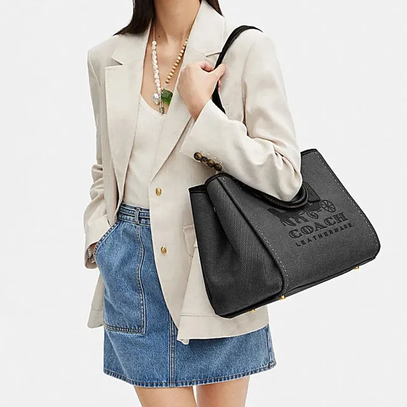 COACH Fabric Tote Bag, Shopping Bag, One Shoulder Handbag Large Size Women's Black-3