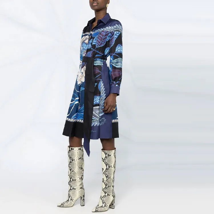 FERRAGAMO Long Sleeved Dress Women's Blue-1