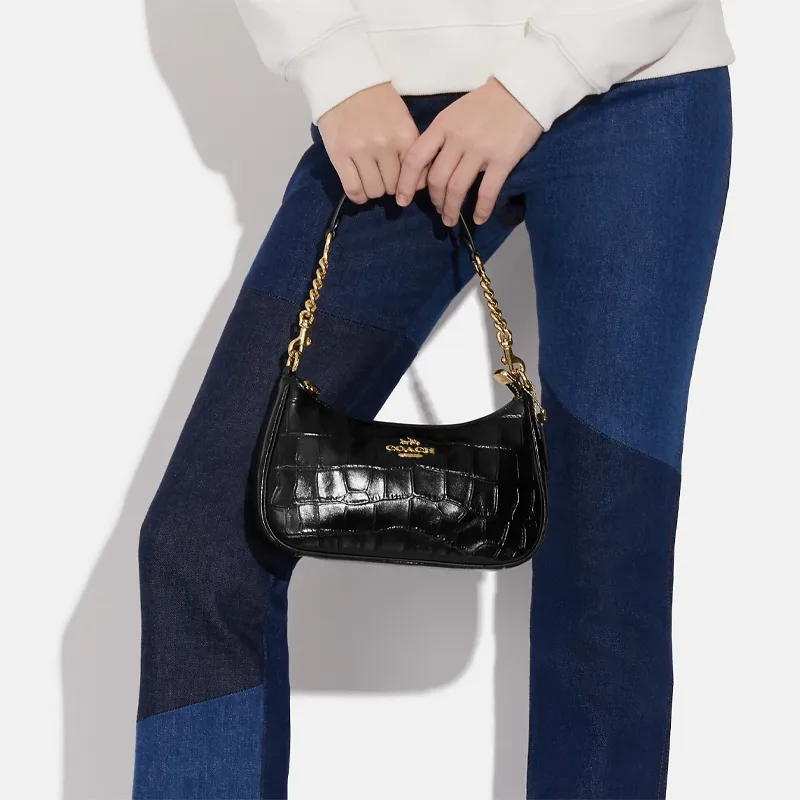 COACH Teri Crocodile Pattern Embossed Leather Shoulder Bag, Handbag, Shoulder Bag Women's Solid Color Black-4