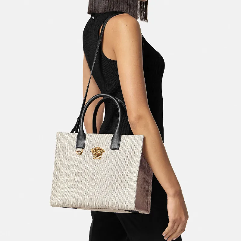 VERSACE Cow Leather Tote Bag Shopping Bag Shoulder Bag Crossbody Bag Handbag Small Size Women's Beige-4