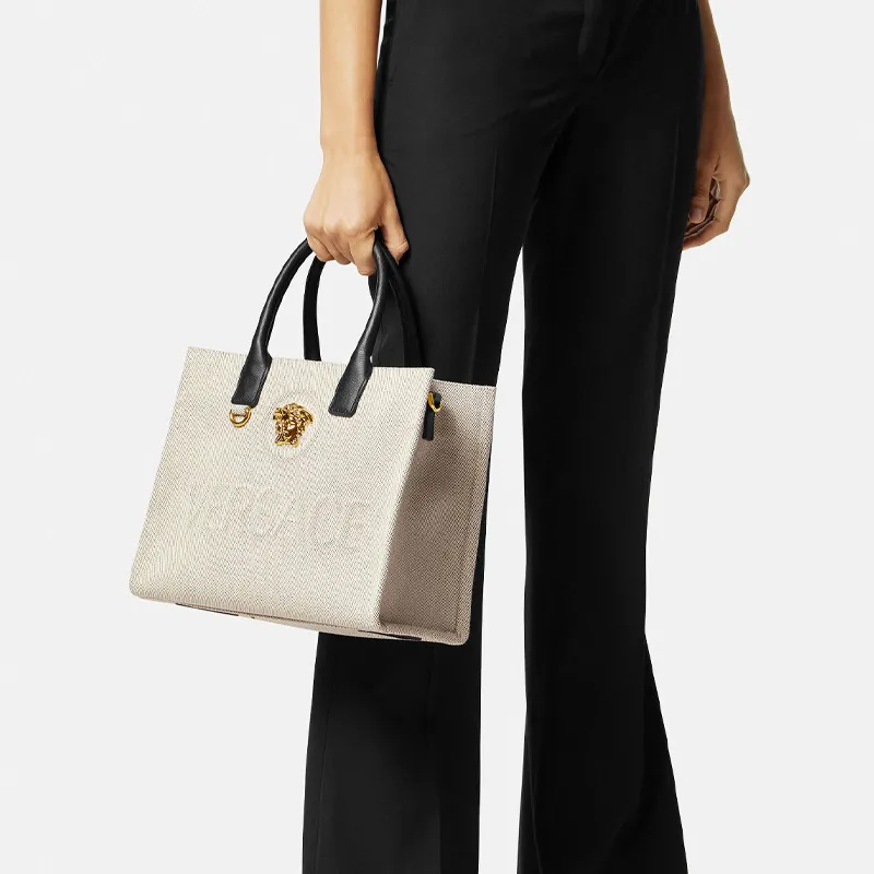 VERSACE Cow Leather Tote Bag Shopping Bag Shoulder Bag Crossbody Bag Handbag Small Size Women's Beige-3