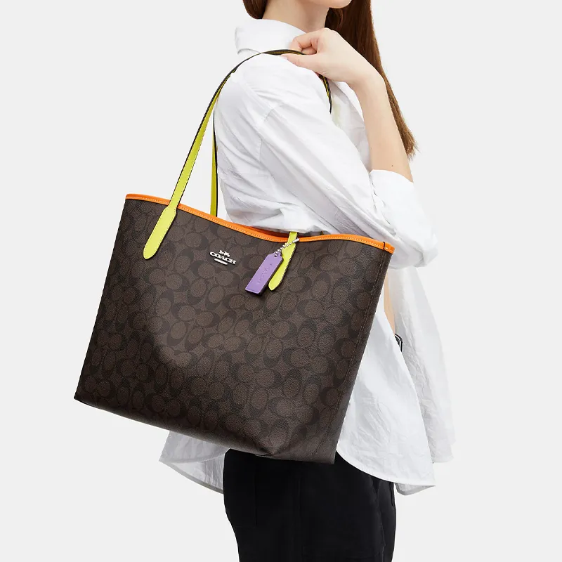 COACH City Canvas With Leather Tote Bag, Shopping Bag, Handbag, Shoulder Bag Large Size Women's Coffee-4