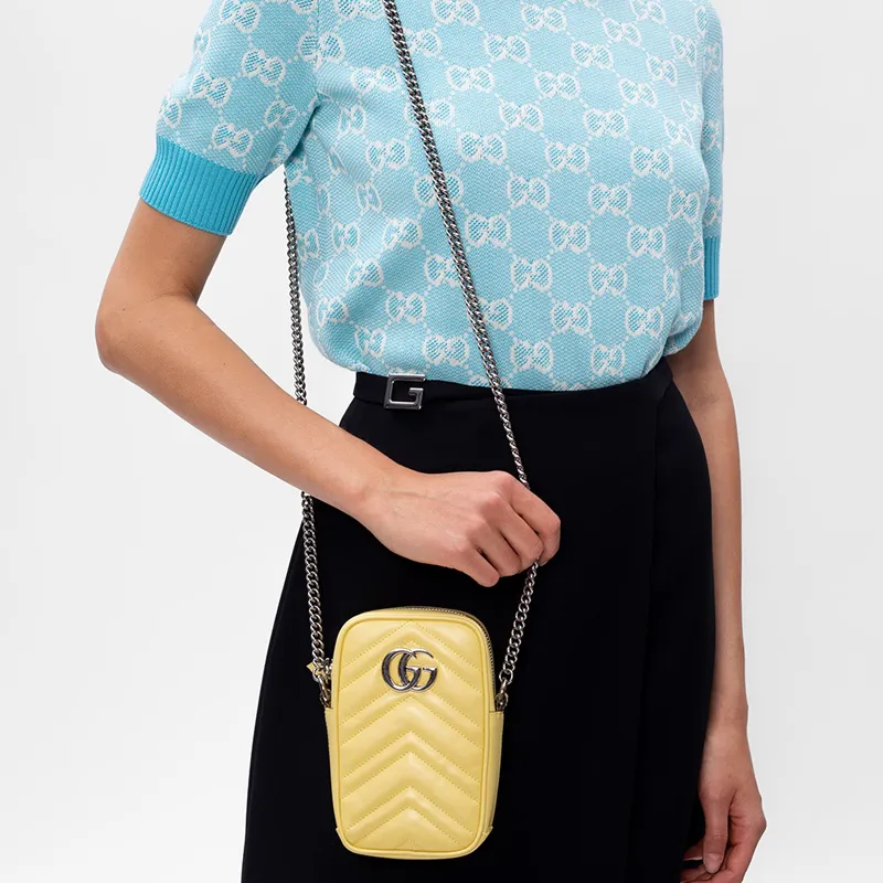 GUCCI Marmont Leather Cell Phone Pouch Shoulder Bag Crossbody Bag Mini Women's Yellow-4