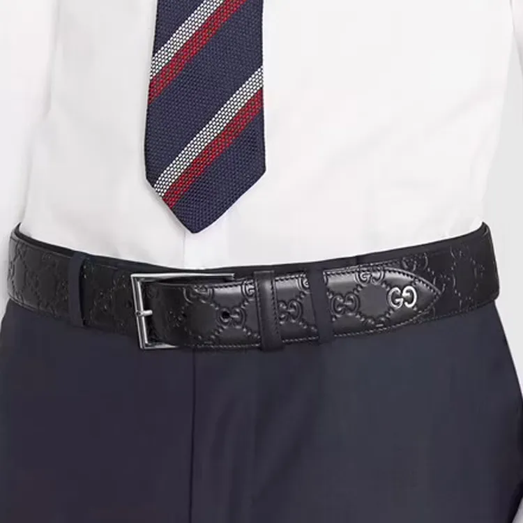 GUCCI Classic Double G Distressed Logo Pin Buckle Leather Belts Men's Black Width 4cm-6