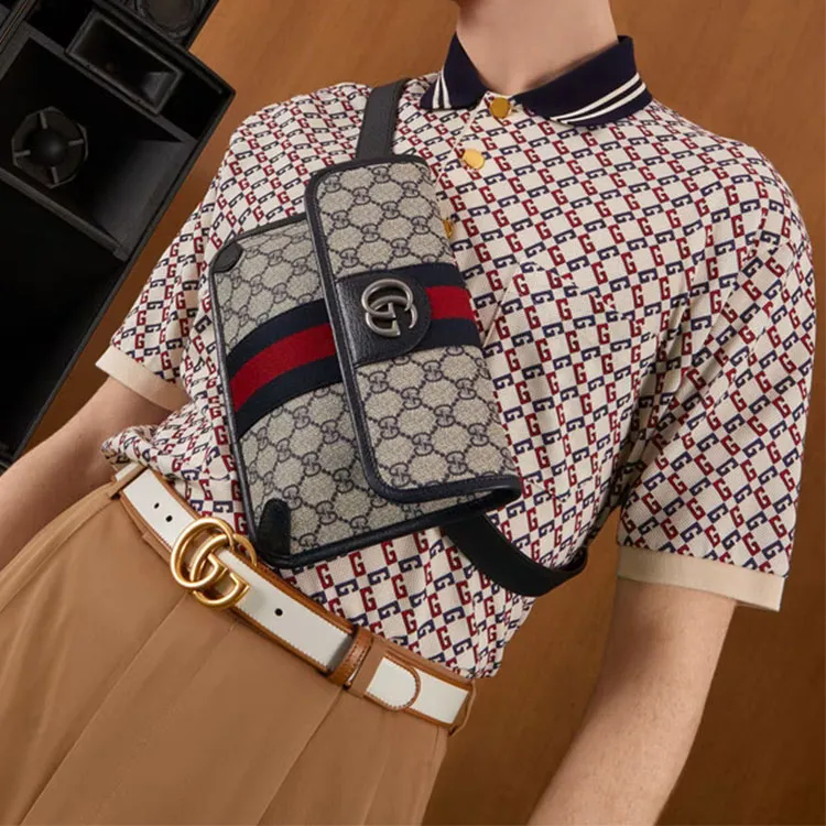 GUCCI Ophidia Canvas With Leather Trim Canvas Bag Shoulder Crossbody Bag Fanny Pack Men's Blue/Beige-9