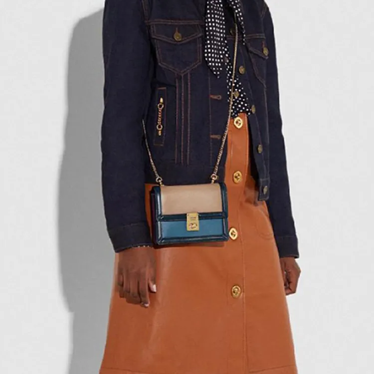 COACH Calfskin Small Square Bag Chain Shoulder Bag Crossbody Bag Fanny Pack Regular Women's Lake Blue Orange-7