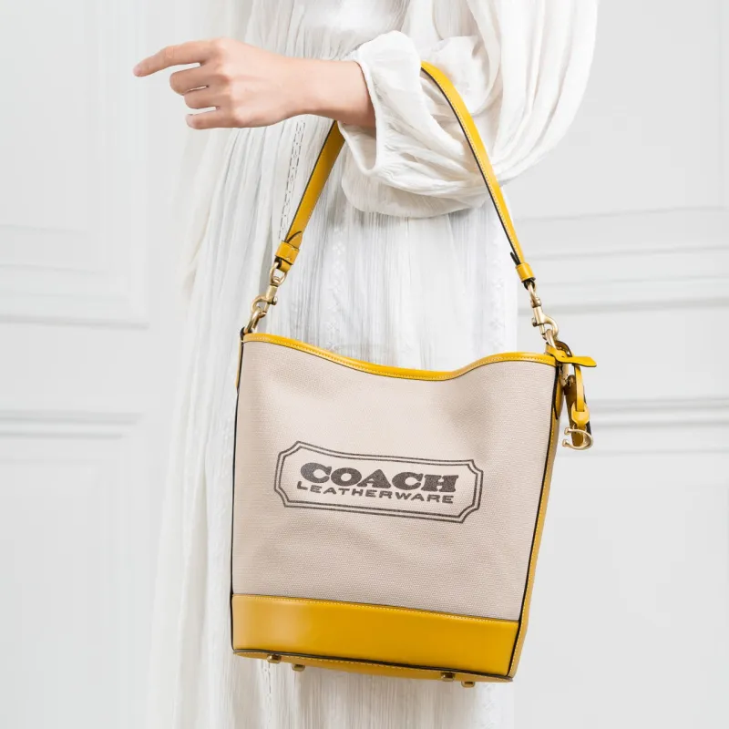 COACH Dakotah Canvas With Calfskin Bucket Bag Handbag Shoulder Bag Crossbody Bag Large Size Women's Beige & Yellow-4