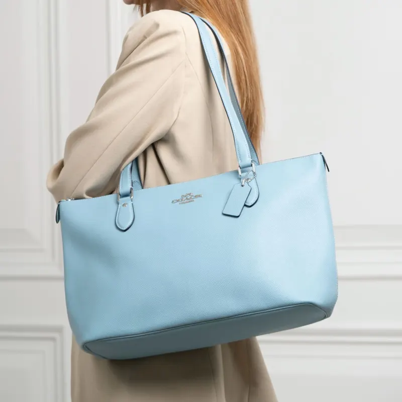COACH Gallery Cross-Stitch Leather Tote Bag Shopping Bag Shoulder Bag Handbag Large Size Women's Light Blue-3
