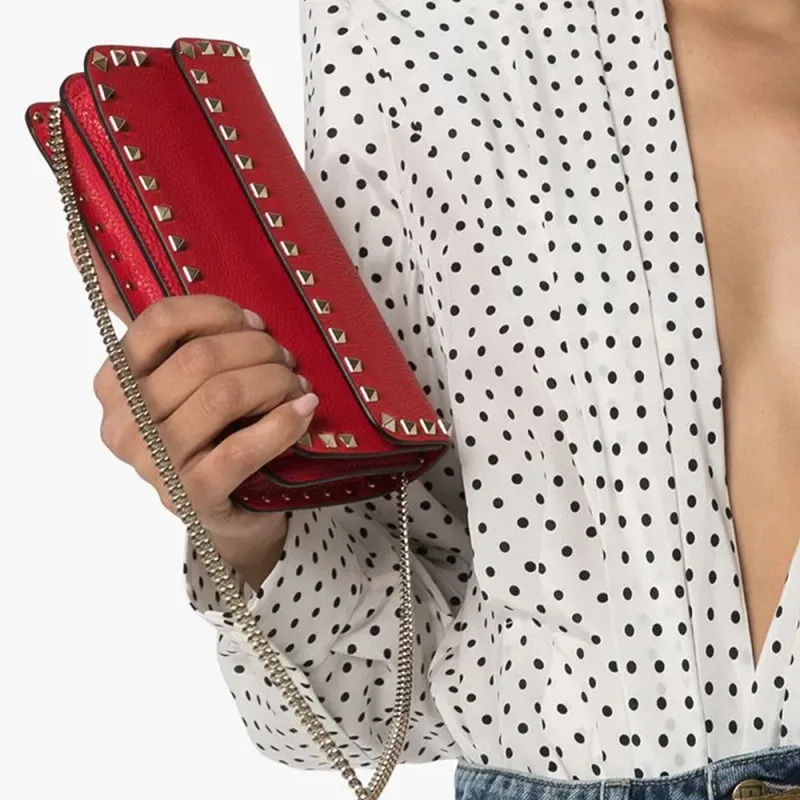 Valentino Rockstud Grained Calfskin Messenger Bag Shoulder Bag Crossbody Bag Clutches Women's Red-5