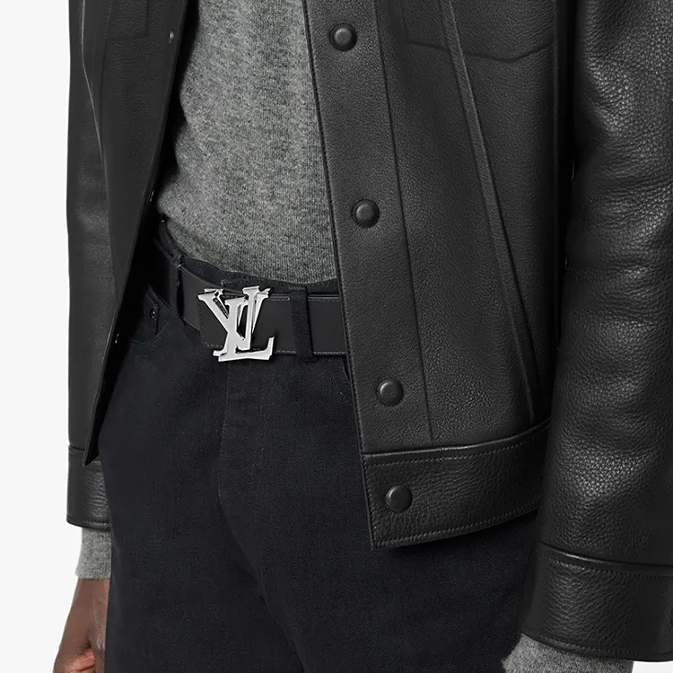 LOUIS VUITTON Double Sided Silver Logo Smooth Buckle Cow Leather Canvas Leather Belts Men's Black Width 4cm-4