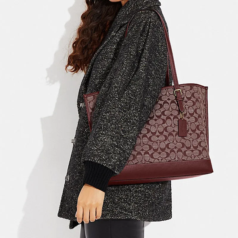COACH Mollie Jacquard Fabric With Cow Leather Tote Bag, Shopping Bag, Handbag, Shoulder Bag Large Size Women's-7