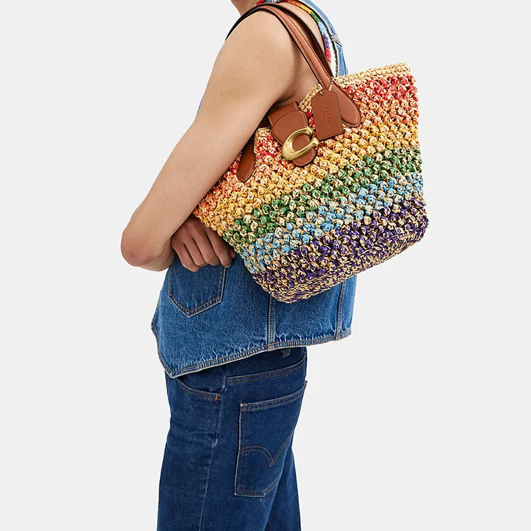 COACH Straw Woven Leather Tote Bag Shopping Bag Basket Bag Handbag Small Size Women's Rainbow-3