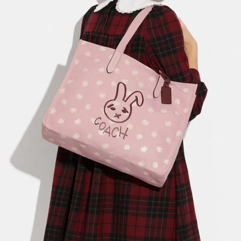 COACH Recycled Canvas With Recycled Leather Tote Bag, Shopping Bag, Canvas Bag, Handbag, Shoulder Bag Women's Pink-4