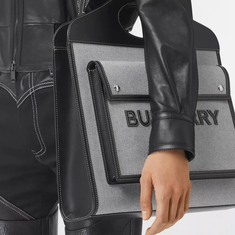 Burberry Pocket Bag Canvas With Leather Pocket Bag Handbag Women's Black/White-5