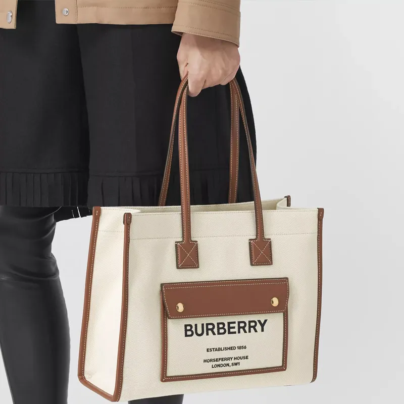 Burberry Freya Cotton With Calfskin Tote Bag, Shopping Bag, Handbag, Shoulder Bag Women's-6