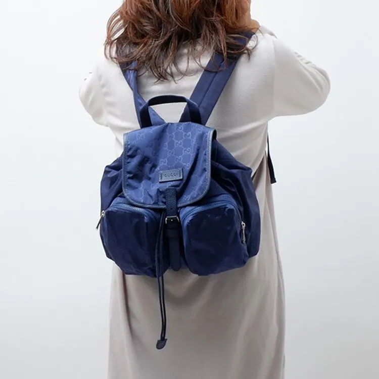 GUCCI Nylon With Leather Backpack Medium Size Unisex Navy Blue-4