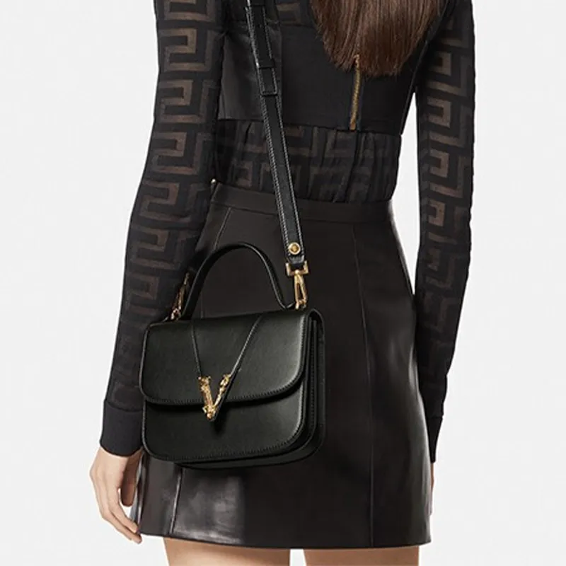 FANSIZHE VERSACE Cow Leather Crossbody One Shoulder Handbags Small Size Women's Black-3