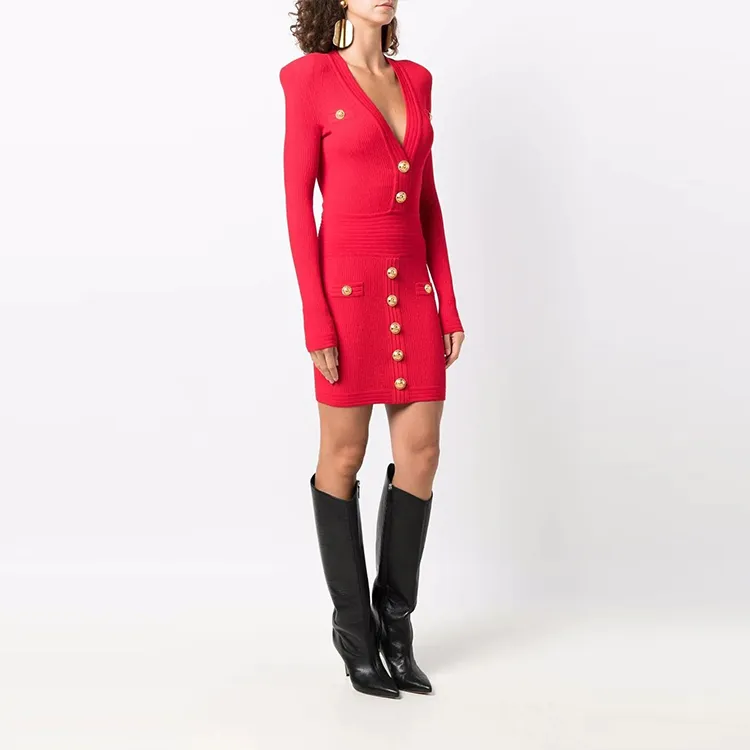 BALMAIN Long Sleeved Dresses Women's Red-3