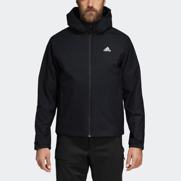 Adidas Solid Color Brand Logo Hooded Puffer Jacket Men's Black-2