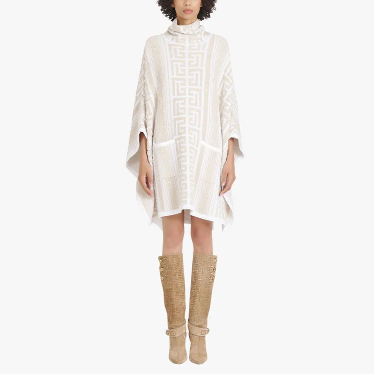 BALMAIN Lurex Maxi Monogram Knit Poncho 'Pink'-1