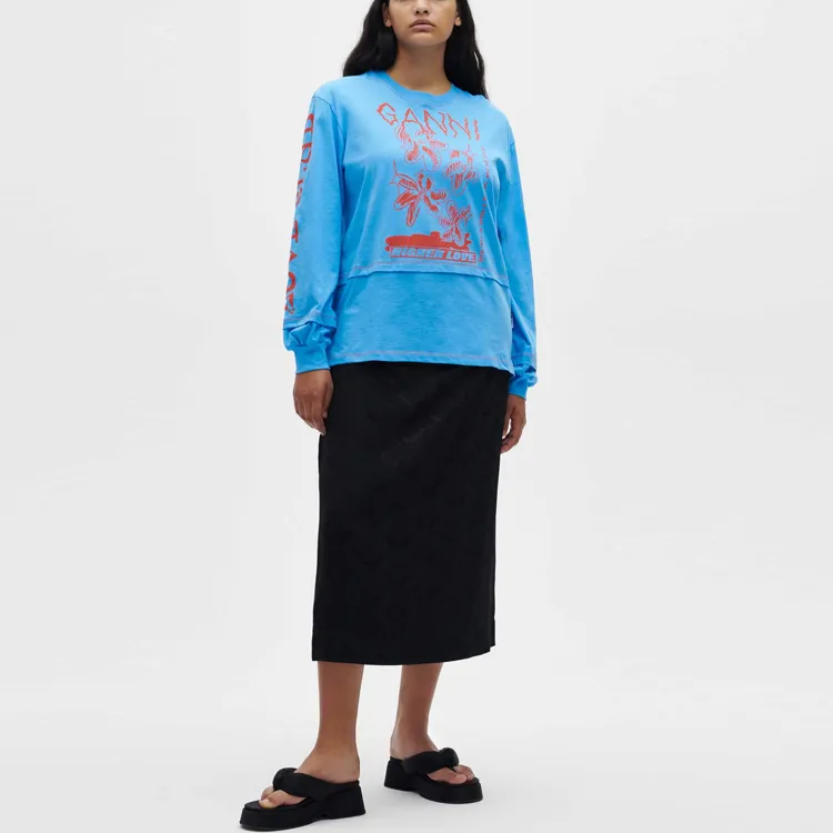 GANNI Light Jersey Love O Neck Layered T Shirt 'Azure Blue'-3