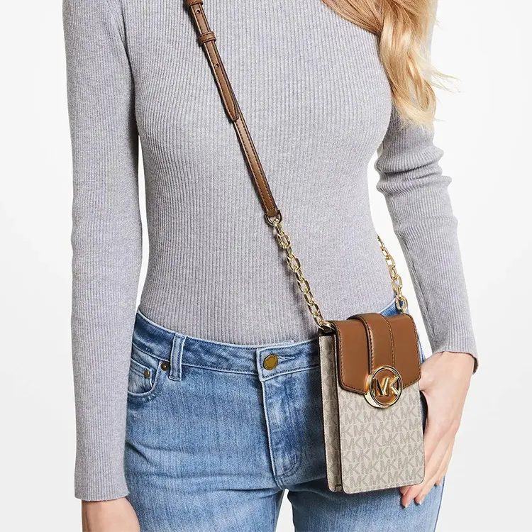MICHAEL KORS Leather Card Holder Chain Bag With Cell Phone Pouch Women's Brown, Vanilla, White & Multicolor-4