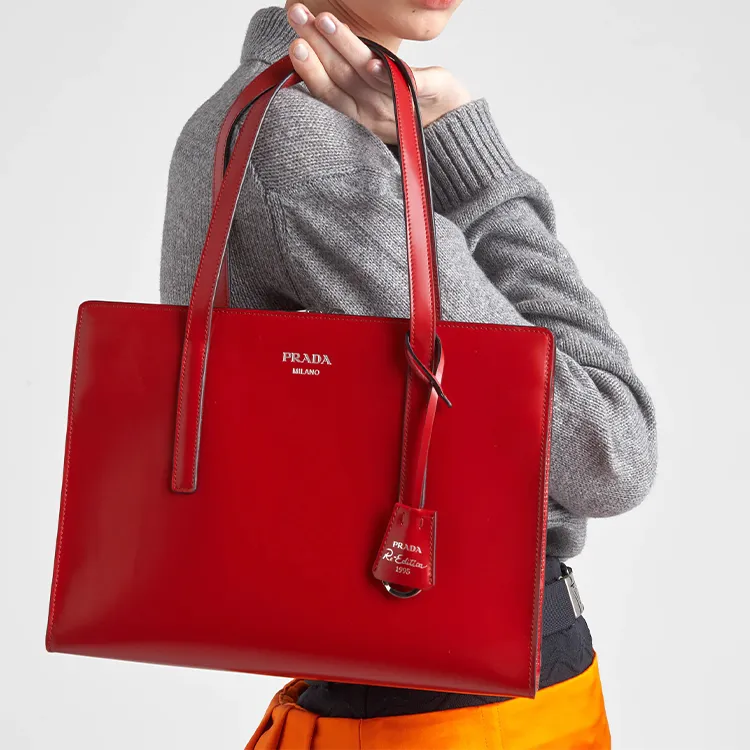 PRADA Re Edition Shiny Leather Tote Bag, Shopping Bag, Shoulder Bag, Handbag Women's Red-3
