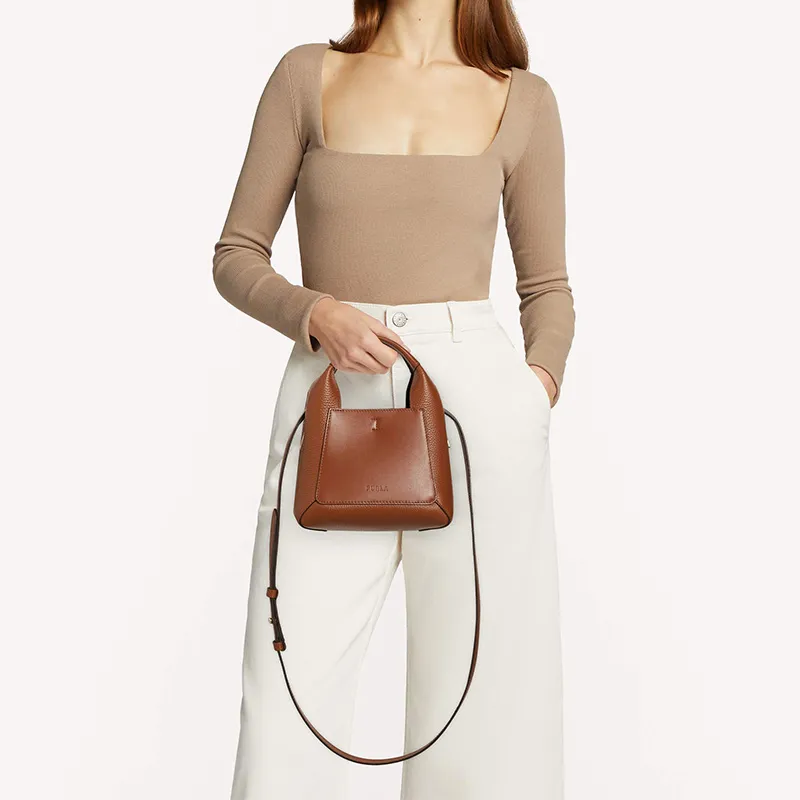 Furla Calfskin Patchwork Grain Leather Tote Bag, Shopping Bag, Shoulder Bag Mini Women's Brown Black-4