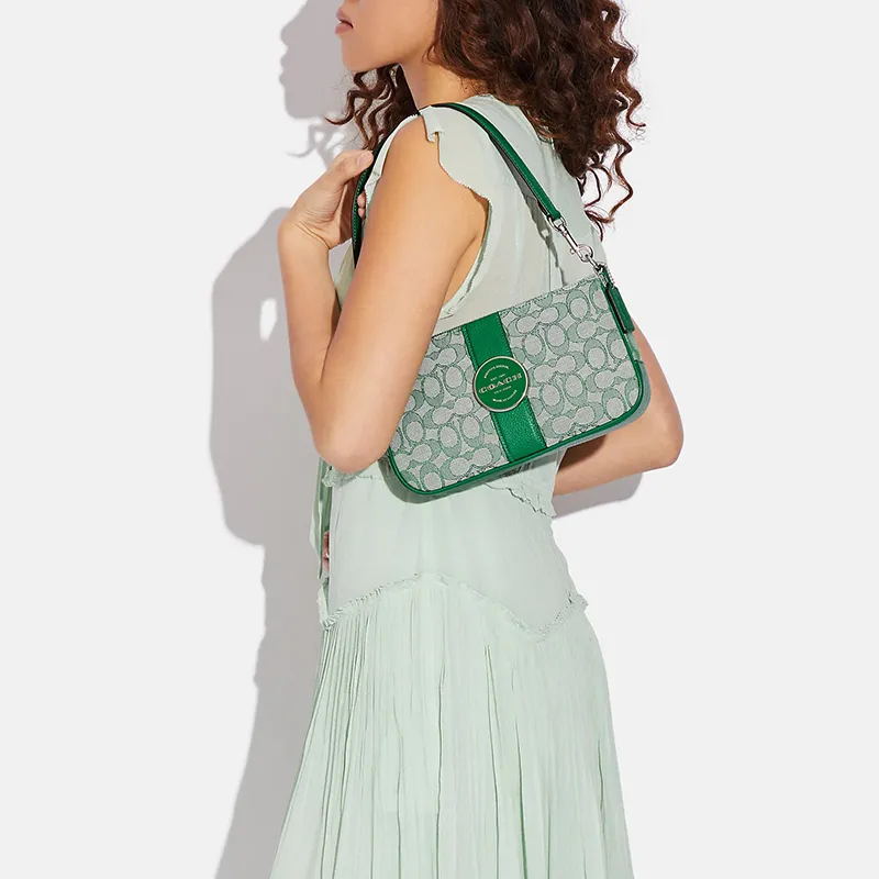 COACH Lonnie Fabric With Leather Shoulder Bag, Crossbody Bag Medium Size Women's Green & Macaron Color-4