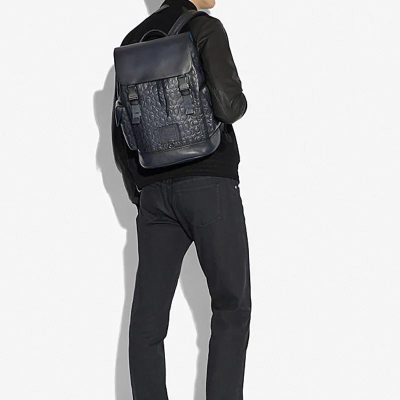 COACH Rivington Classic Monogram Canvas With Leather Backpack Large Size Unisex Marine Blue-3