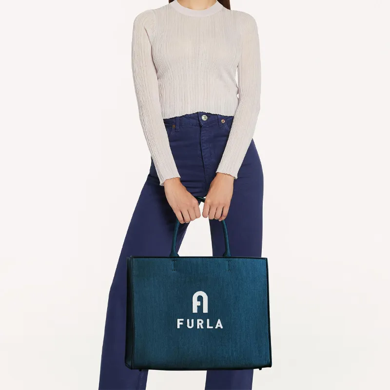 Furla Opportunity Leather With Cotton Laptop Bag Tote Bag Shopping Bag Handbag Large Size Women's Blue-4